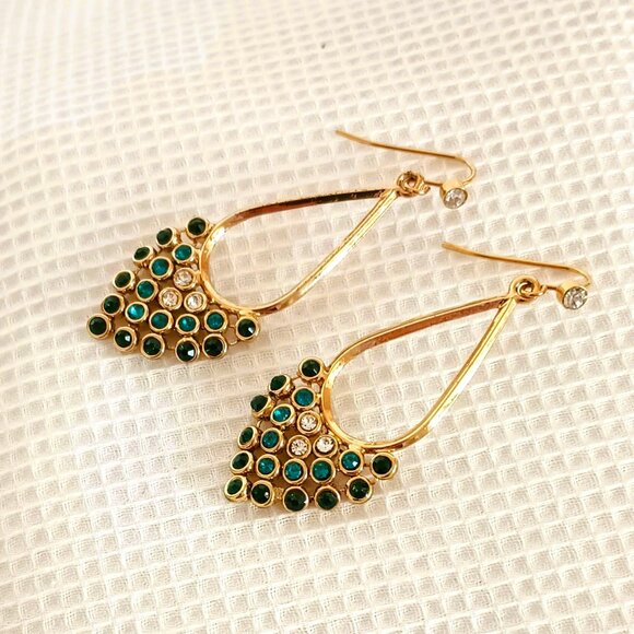 Teardrop Ombre Mesh Dangle Earrings Gold Tone Multi Color Rhinestone - Picture 5 of 7